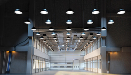 Modern empty warehouse interior with high ceilings, industrial lighting, and wide shutter door for logistics and storage. Activity: Warehouse, Logistics, Industrial Facility.