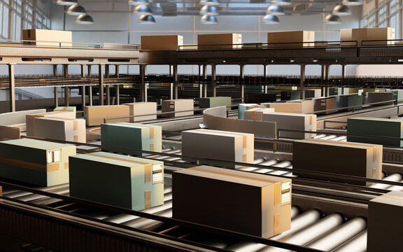 Automated sorting facility with conveyor belts transporting parcels for shipping and logistics operations. Activity: Logistics, Parcel Distribution, Automation, Warehousing.