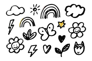 Hand-Drawn Whimsy: A delightful collection of playful, childlike illustrations featuring clouds, sun, rainbow, flower, butterfly and more creating a charming scene.