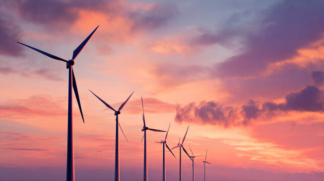A row of wind turbines stands against the backdrop of an orange and pink sunset sky, symbolizing green energy in sustainable technology and renewable resources.