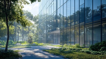 Modern office building exterior with glass facade and green landscape design for architecture firms silhouette