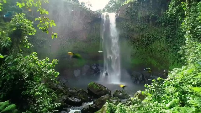 Discover a lush jungle waterfall with vibrant birds flitting through the dense greenery, evoking serenity and adventure.
