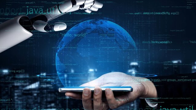 A captivating image depicting the interaction between a human hand and a robotic arm, showcasing a smartphone amid a digital landscape filled with coding elements and a globe. Xenic