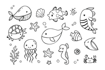 Underwater Wonderland: A charming collection of whimsical marine life illustrations, including fish, seahorse, and jellyfish, swimming through an enchanting underwater scene.