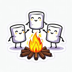 Cute Marshmallow Characters Roasting at a Campfire