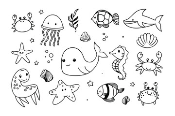 Cute Underwater Doodle: A delightful hand-drawn collection of aquatic creatures and marine elements in a simplistic, whimsical doodle style. Embracing the simple joy of artistic creativity.