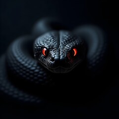Menacing Black Snake with Piercing Red Eyes Coiled in Darkness, Symbolizing Danger, Mystery, and Power