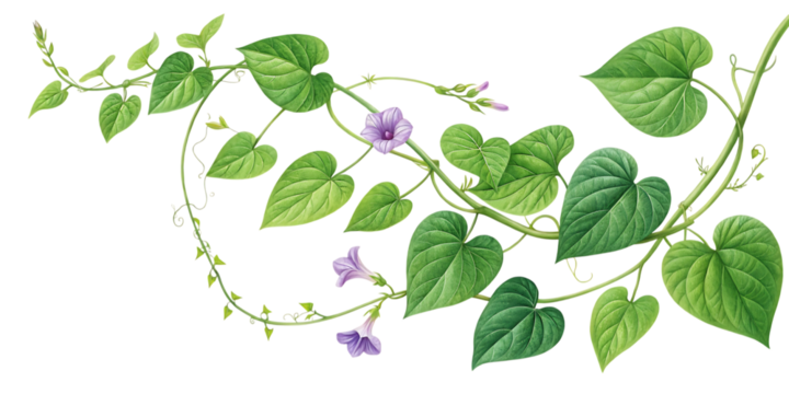 Green morning glory vine with purple flowers isolated on transparent background