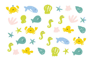 Undersea World Illustration: A vibrant array of cartoonish sea creatures, rendered in a delightful, childlike style.