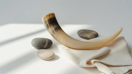 A traditional shofar two smooth stones and a white cloth are arranged on a bright white surface