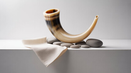 A shofar sits atop smooth stones and a white cloth on a white platform against a white background