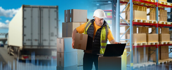 Man from logistics company. Logistics guy near truck. Warehouse with boxes behind warehouse worker. Logistics business contractor with laptop. Career in trucking business. Logistics man in vest