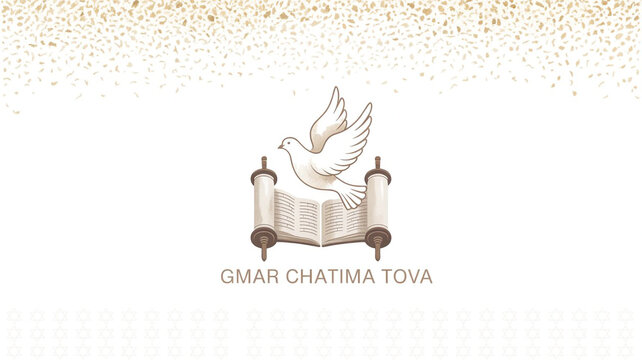 A dove flies above a scroll with gmar chatima tova written on it against a confetti background