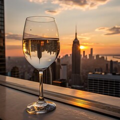 “Glass of Water on Modern Desk at Sunset with City Skyline View, Ultra Sharp 4K High Resolution”
