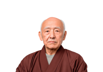Elderly asian male in traditional clothing with confident expression on transparent background, PNG