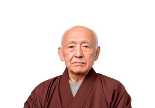 Elderly asian male in traditional clothing with confident expression on transparent background, PNG