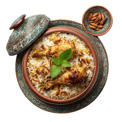 Chicken biryani dish top on transparent background