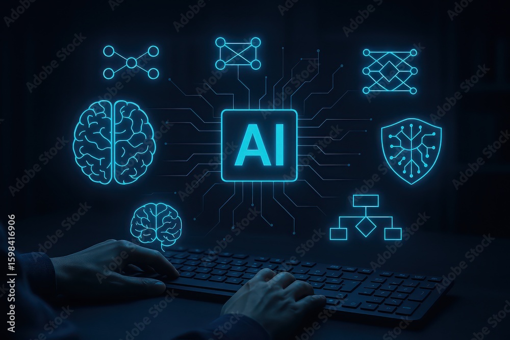 Poster intelligent digital interface of artificial intelligence, showcasing a user interacting with a glowi