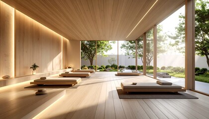 Light-filled, minimalist spa with wooden benches and large windows