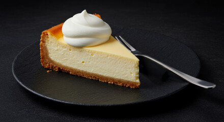 Under soft, focused lighting, a cheesecake slice with whipped cream is presented on slate. The black backdrop enhances the textures, making this composition perfect for upscale food and dessert 