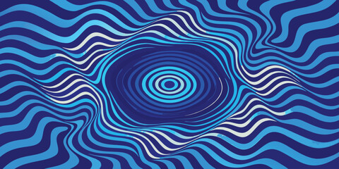 Hypnotic blue wavy optical illusion with concentric circles
