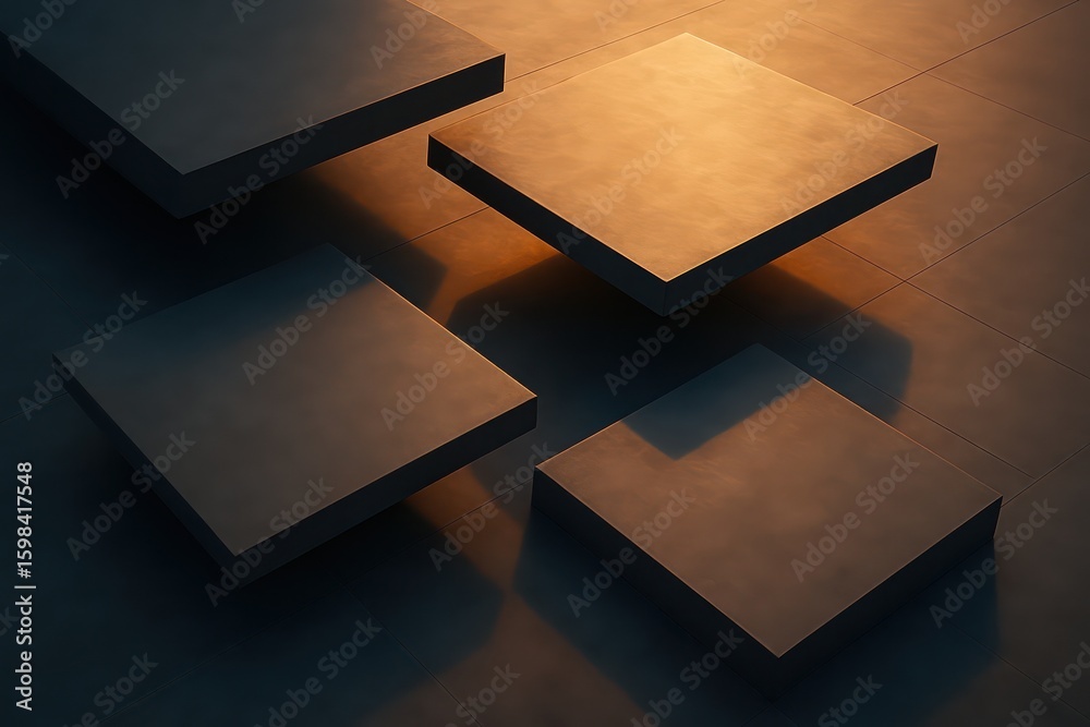 Fototapete a minimalist, futuristic abstract design. four stone squares, seemingly levitating, and bathed in a 
