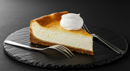 Cheesecake perfection, plated on rustic slate with a generous dollop of whipped cream. The dark background enhances its creamy color, offering a refined, elegant visual perfect for gourmet food market