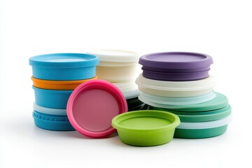 Stacks of colorful containers with lids on white surface