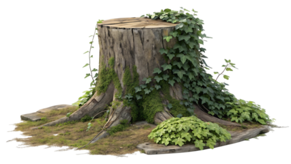 Old weathered tree stump covered in ivy and moss isolated on transparent background