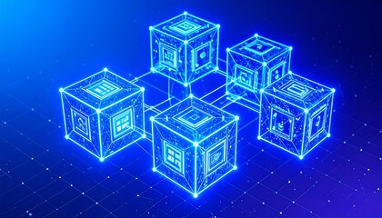 Linked digital cubes, glowing blue