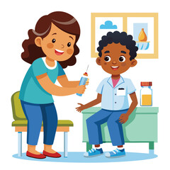 Nurse administering vaccine to a happy young boy