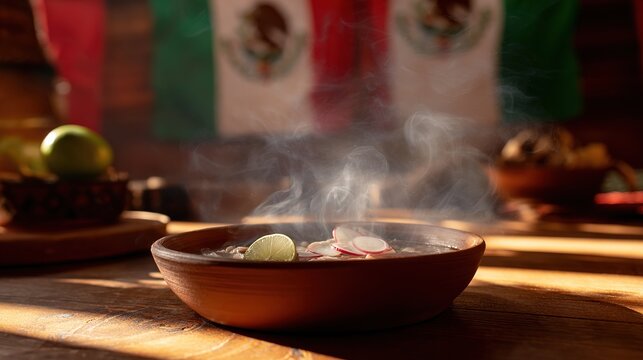 A steaming bowl of pozole soup garnished with radish and lime, set on a rustic wooden table with blurred patriotic colors.
