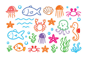 Underwater Wonderland Sketch: A colorful and whimsical sketch of various aquatic creatures, each rendered in a vibrant palette of blues, oranges, and greens, creating a lively underwater scene.