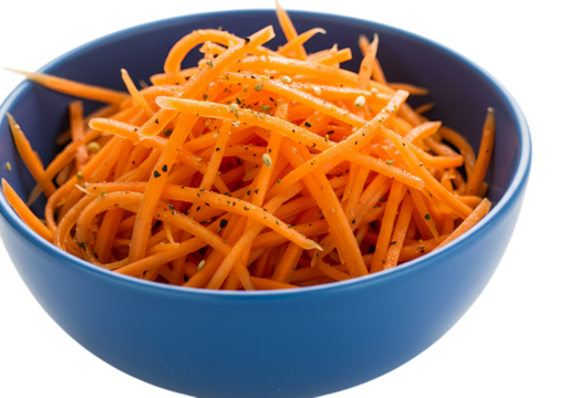 Closeup of Grated Carrots in a Blue Bowl