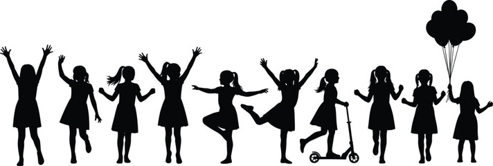 Silhouette of children playing with balloons and scooter, joyful outdoor fun, celebration, movement, childhood activity, black and white illustration