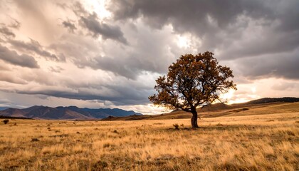 Obraz premium Lonely tree in golden field, storm clouds