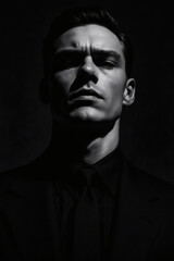 Obraz premium Portrait of a man in monochrome. The high contrast and shadows accentuate his stern expression and sophisticated dark attire.