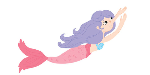 Charming flat vector illustration of a mermaid swimming, designed in a soft and playful kids’ style. 