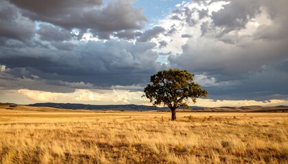 Lonely tree in golden prairie under dramatic sky