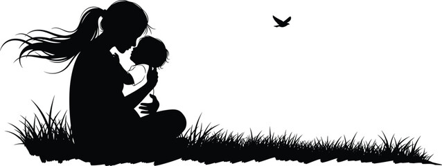 Silhouette of mother holding child in grassy field at sunset, peaceful family moment with flying bird, bonding, nature love