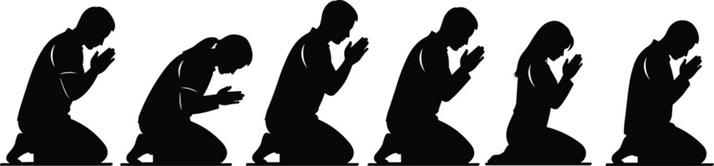 Silhouette of people praying in various positions, spiritual worship, peaceful meditation, religious devotion scene, unity in faith, serene vector art