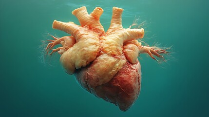 Detailed anatomical rendering of a human heart submerged in water.