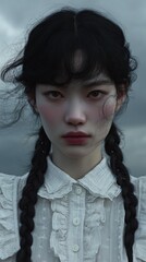Close-up of a woman with braided hair and intense gaze, wearing a white ruffled blouse under a moody sky.