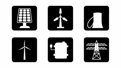 Illustration showing alternative energy sources including solar panels, wind turbines, and power lines