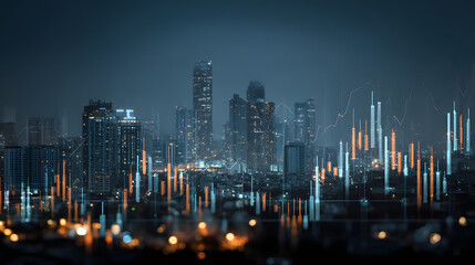 The image shows a city skyline with financial graphs and market indicators overlaid, representing real estate development and investing in a digital world.