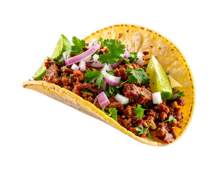 Floating taco filled with seasoned meat, chopped onions, cilantro, and lime wedge, PNG