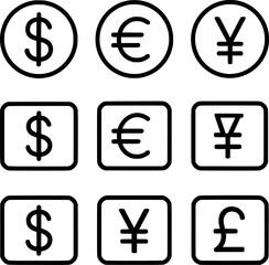 Obraz premium Currency Symbol Vector Icon Set Black Line Design on White Background