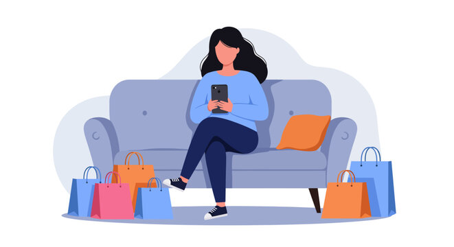 Woman relaxing on sofa with shopping bags and smartphone, representing online shopping and leisure time, modern flat design style