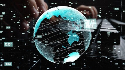 A digital representation of the Earth surrounded by data visualizations and coding elements, ideal...