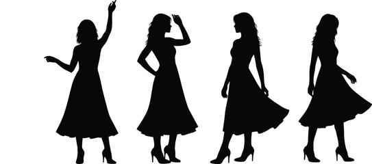 Silhouettes of elegant women in dresses, fashion poses, high heels, stylish outfits, black and white vector for design content